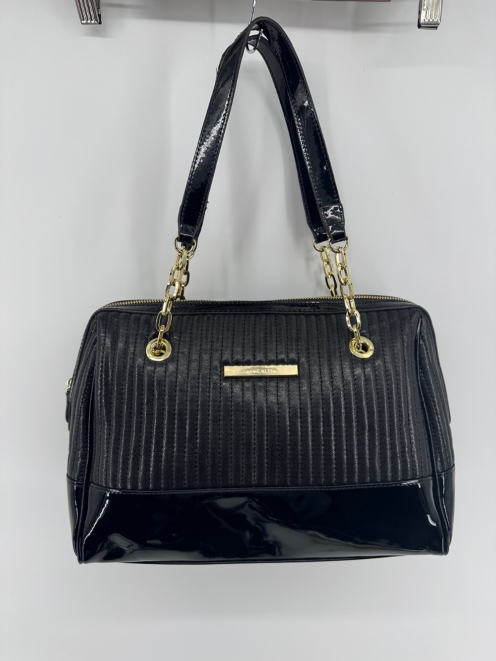 Anne Klein Black Quilted Patent Accent Shoulder Bag with Gold Sophisticated